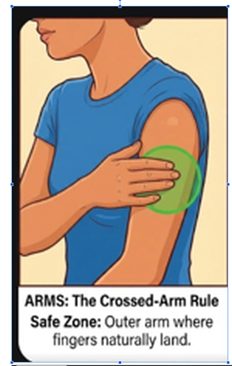 Outer upper-arm insulin injection area shown using the crossed-arm reach rule
