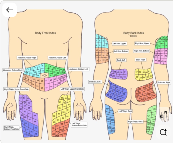 Insulin injection site rotation body map