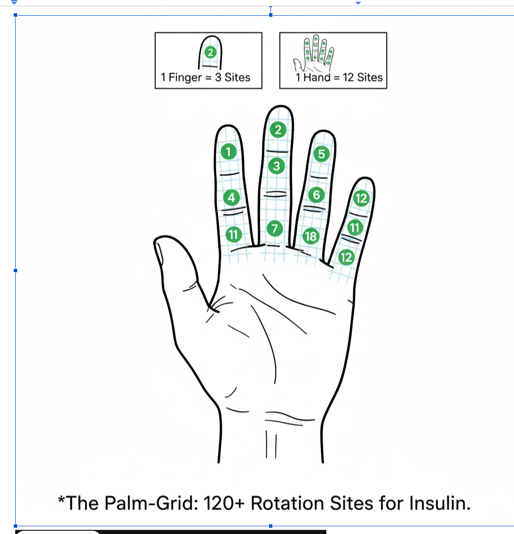 Palm-grid mnemonic for counting insulin rotation sites
