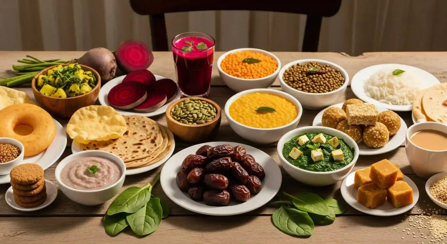 Indian Iron Rich Meal Thali with Palak Dal, Lemon and Guava
